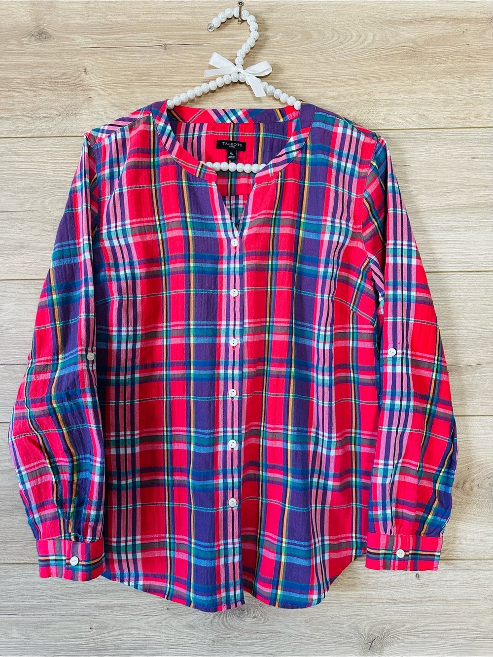 Talbots Red & Purple Plaid Button-Front Top